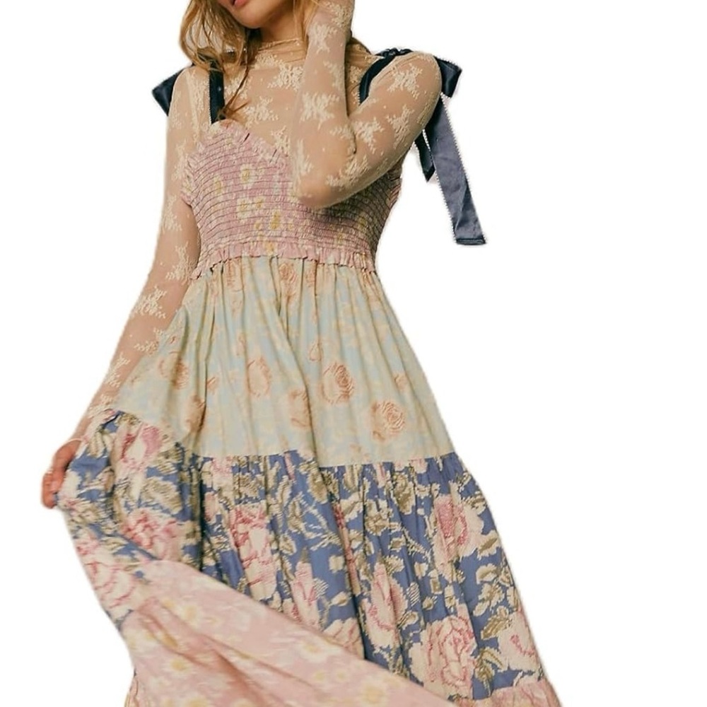 Free People Floral Patchwork Dress in Pink and Blue